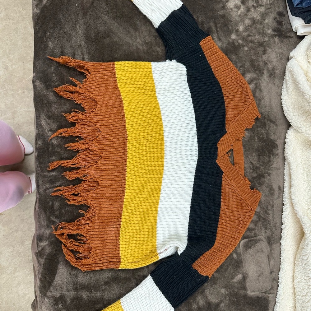 Cozy Striped V-Neck Sweater - Black, White, Brown, Yellow